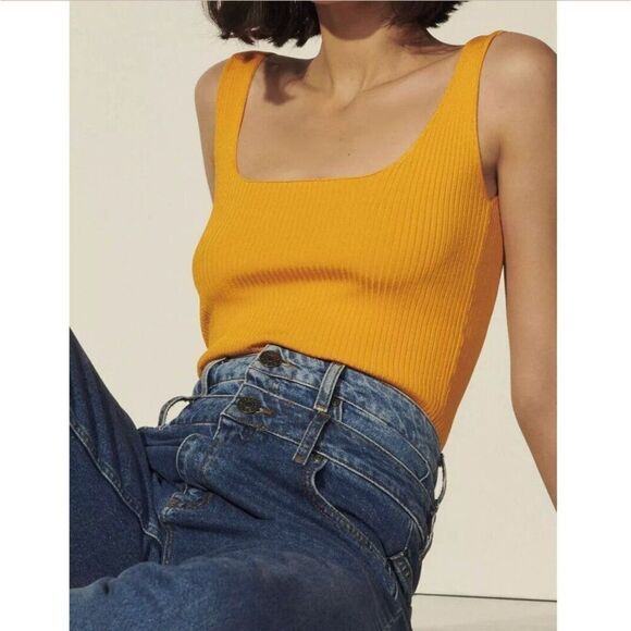 NWOT SANDRO 3 US 8 Alya Ribbed Sleeveless Cropped Sweater Tank Top Jaune Bright - Picture 1 of 7
